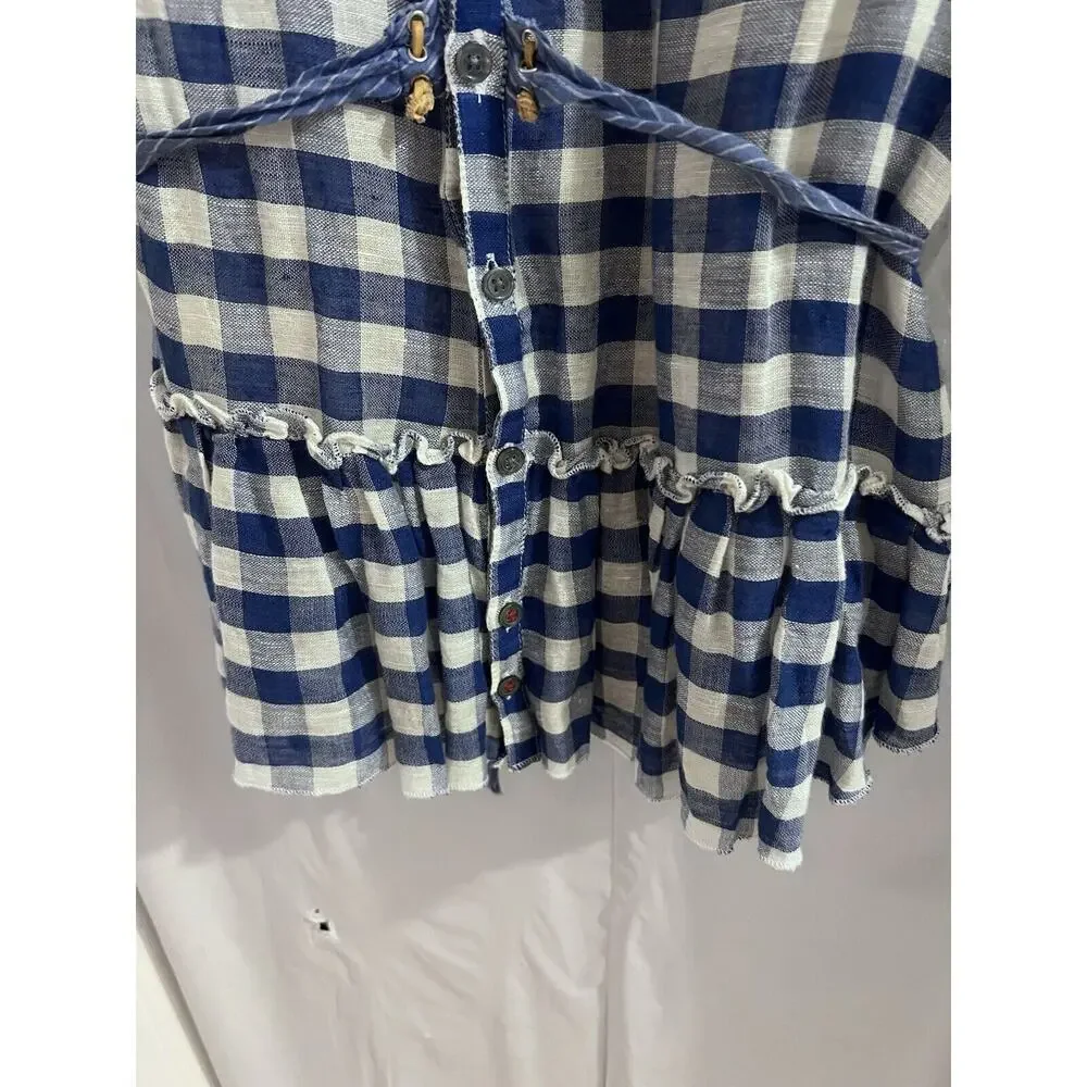 Free People Blue White Gingham Check Button Up Peplum Waist Top S Linen Blend